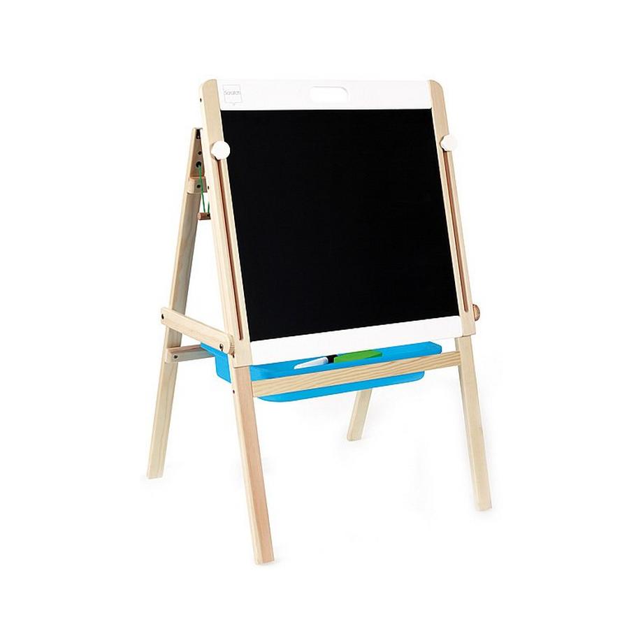 Scratch  Scratch Preschool: SCHOOLBORD 65x50xH87-120cm, 2-zijdig black-&  whiteboard (verstelbare hoogte 87-120cm), met magneten, 5m papierrol,  opbergbakje, krijtjes, 1 markeerstift en een bordveger, in hout, 