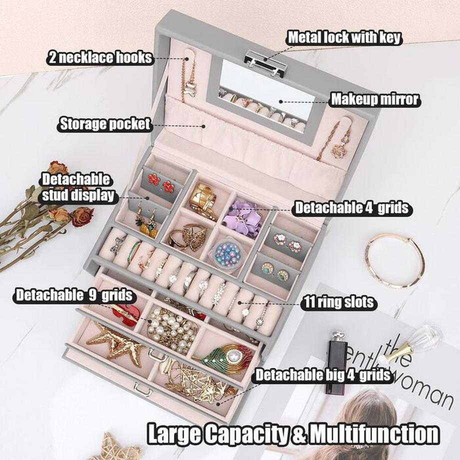 Only-bags.store  Schmuckkästchen, Schmuckkästchen mit Schubladen  Mädchen, PU Leder Schmuckkästchen Schmuckkästchen großer Schmuck Organizer für Ringe Ohrringe Armbänder Halsketten 