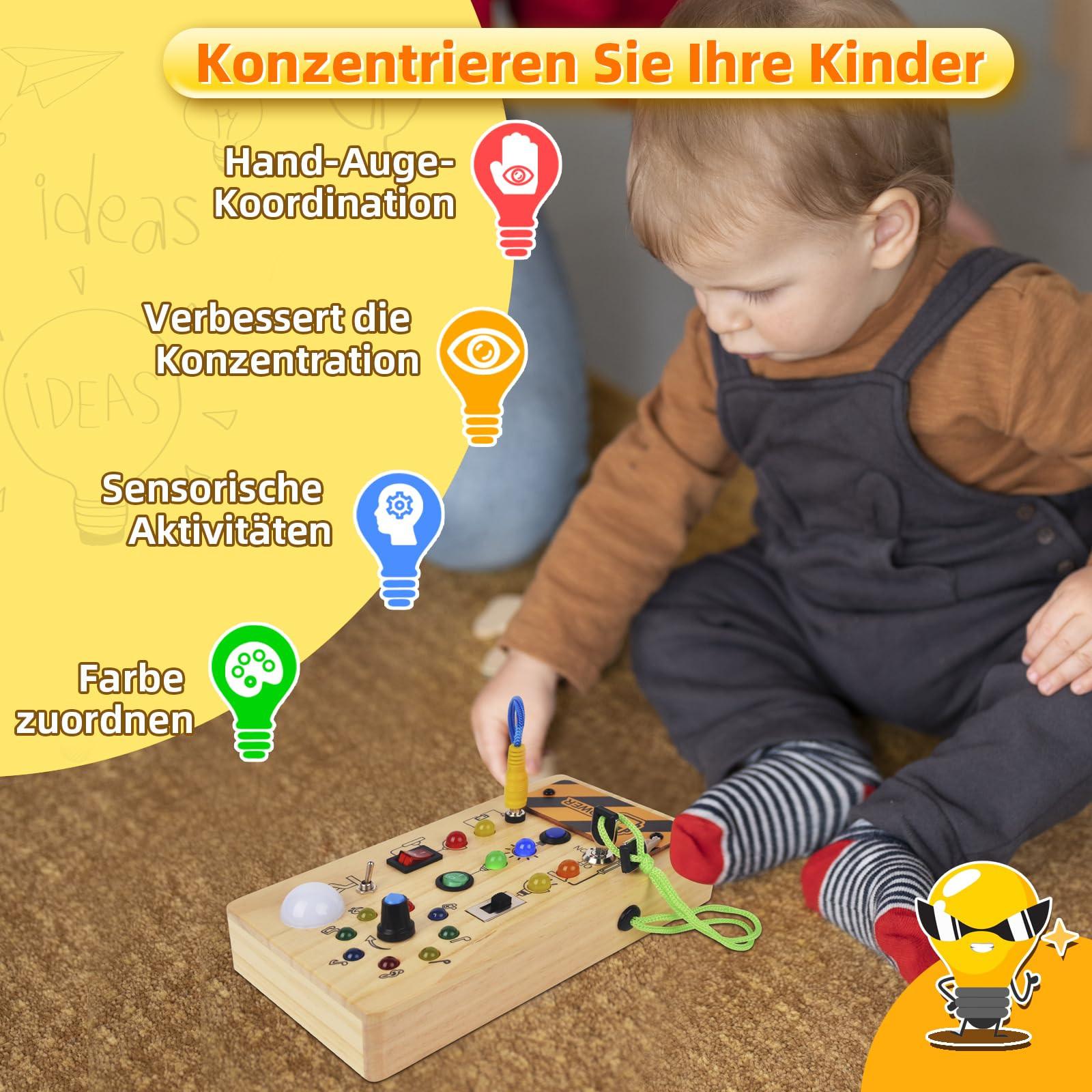 Activity-board  Busy Board, Holzspielzeug Baby-Aktivitätsbrett mit 8 Schaltern und 15 LED-Lichtern, sensorisch-motorisches Lernspielzeug 