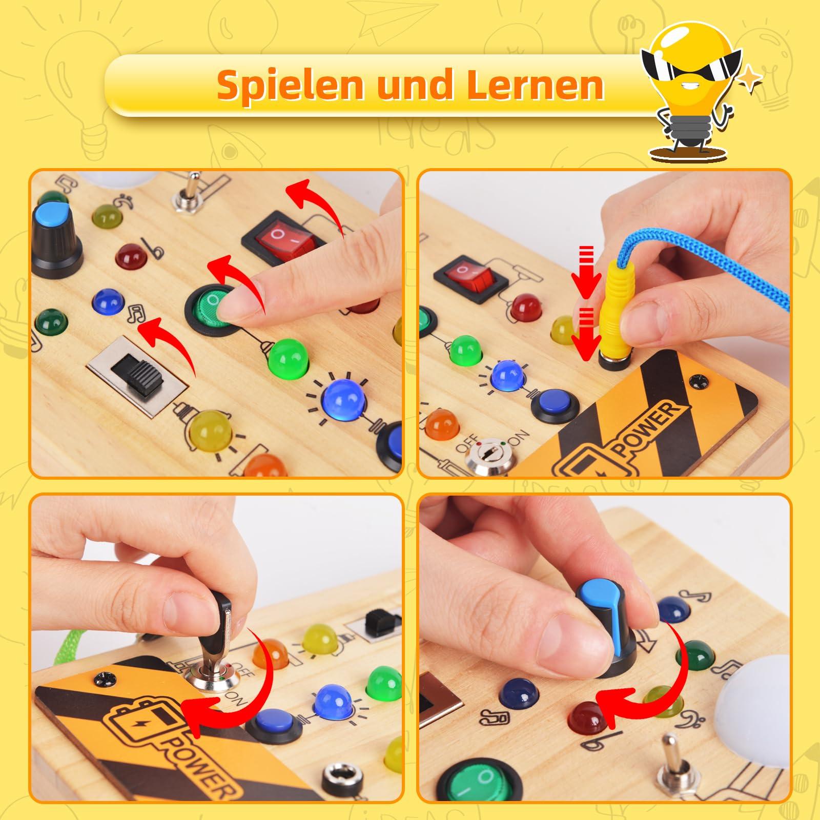 Activity-board  Busy Board, Holzspielzeug Baby-Aktivitätsbrett mit 8 Schaltern und 15 LED-Lichtern, sensorisch-motorisches Lernspielzeug 