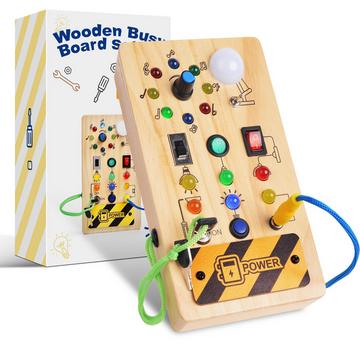 Busy Board , jouet en bois pour bébé avec 8 interrupteurs 15 lumières LED, jouet d'apprentissage sensori-moteur