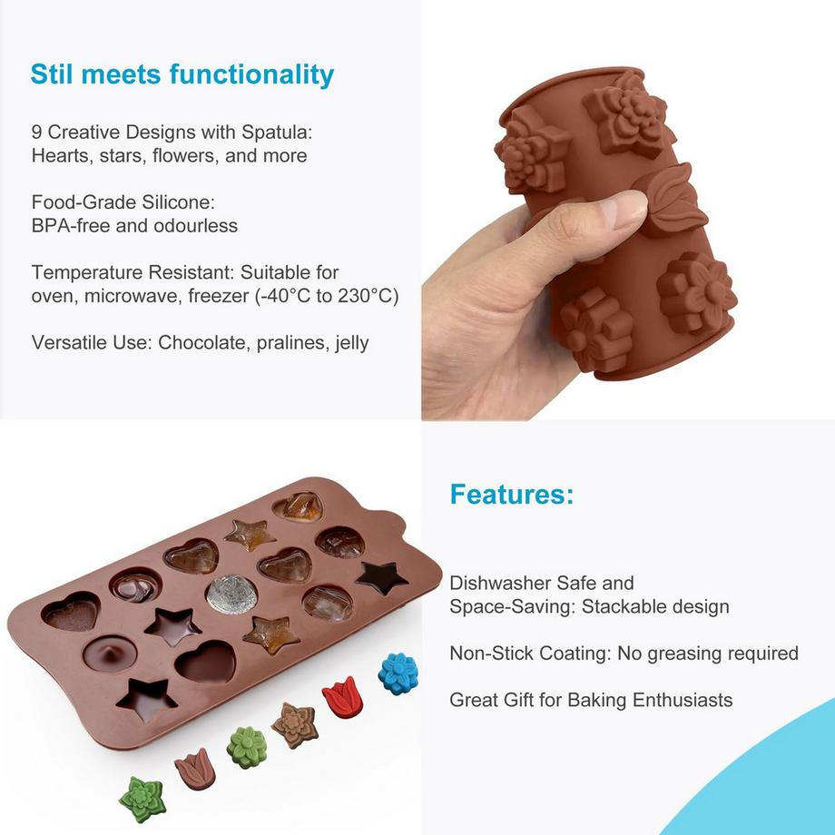 Intirilife Intirilife 10-teiliges Backformen Set mit verschiedene Silikon Pralinenformen und mit Spatel  