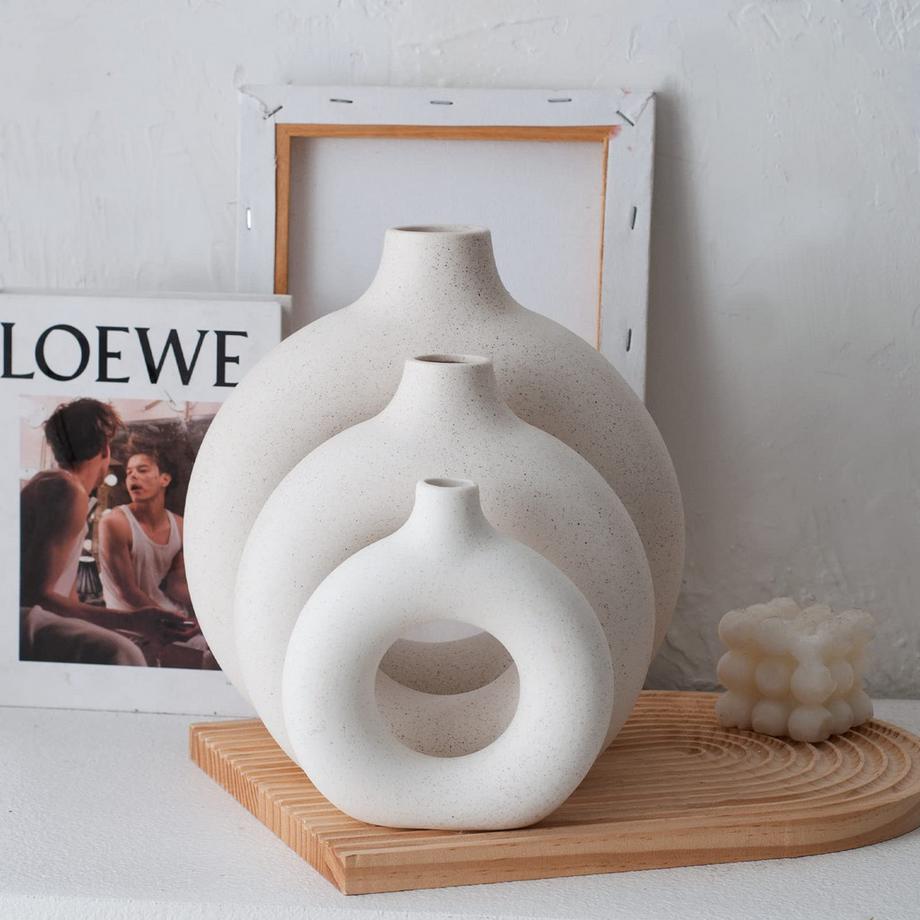 Alopini Vase en Céramique Beignet Lot de 2 pour la décoration Intérieure Moderne, Vases Ronds Mats pour Herbe de Pampa  