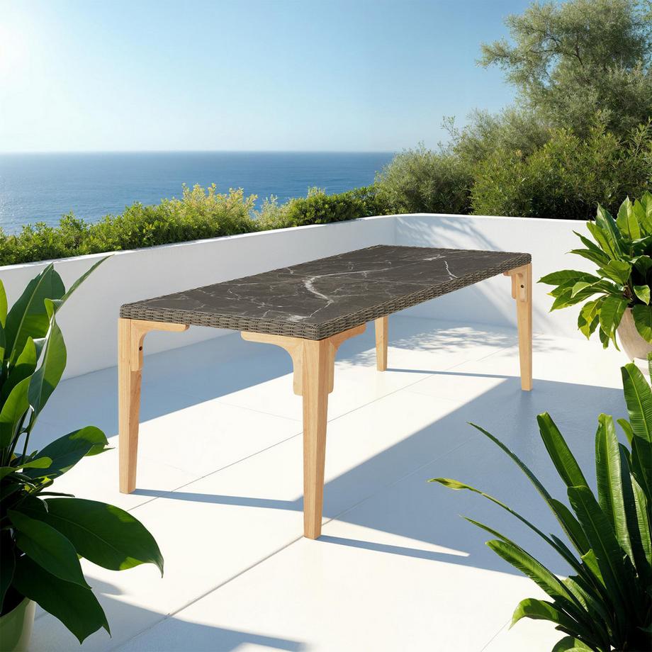 Tectake Rattan Tisch Foggia mit Aluminium- und Holzgestell 2 abnehmbare Feinsteinzeugplatten  