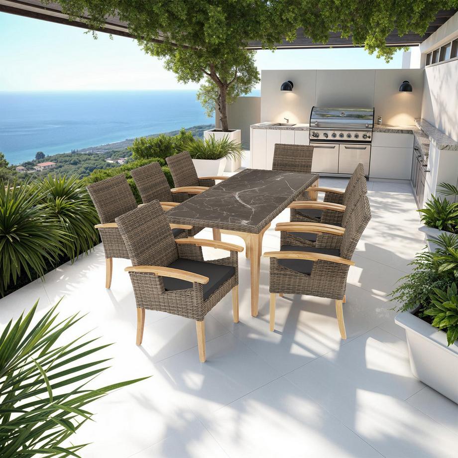 Tectake Rattan Tisch Foggia mit Aluminium- und Holzgestell 2 abnehmbare Feinsteinzeugplatten  