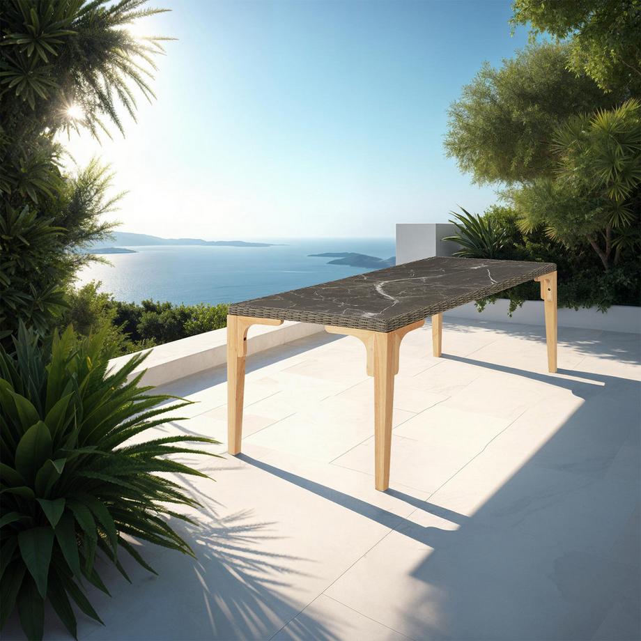 Tectake Rattan Tisch Foggia mit Aluminium- und Holzgestell 2 abnehmbare Feinsteinzeugplatten  