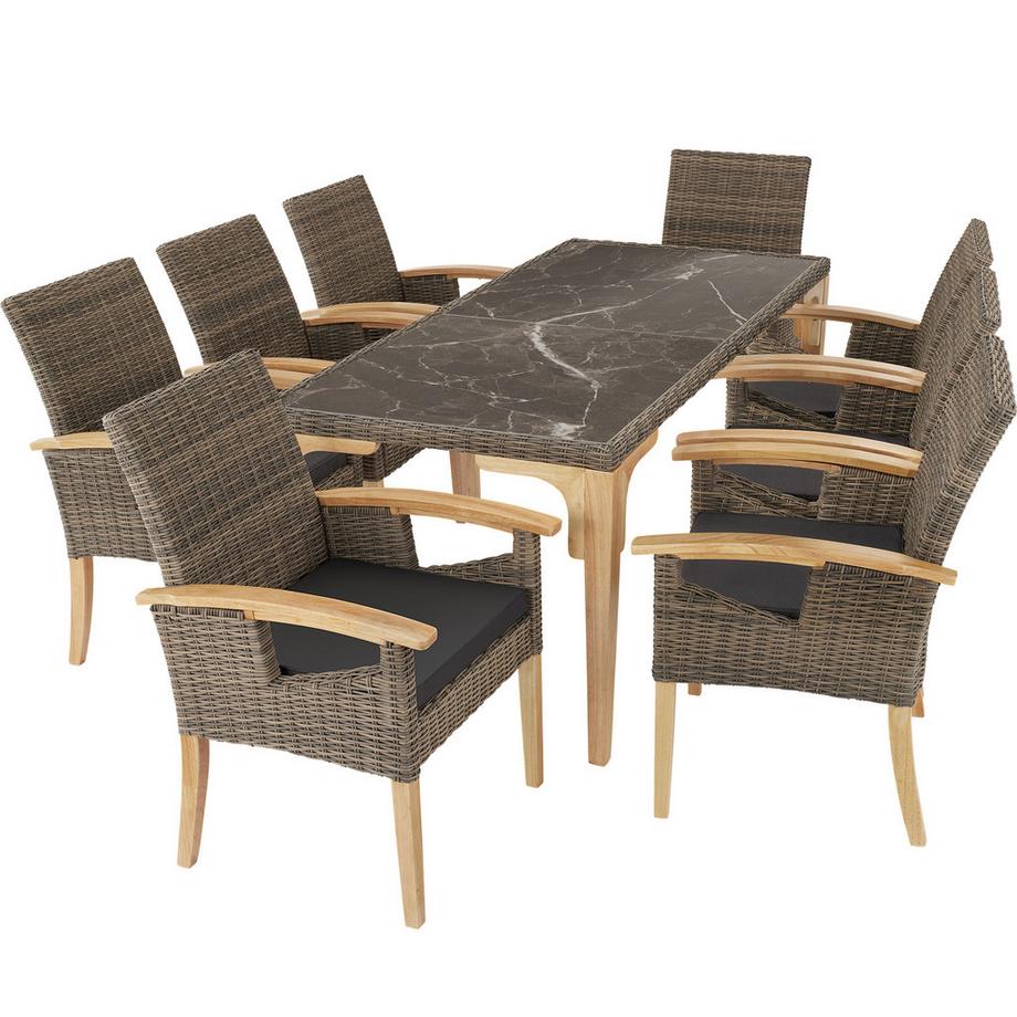 Tectake Rattan Tisch Foggia mit Aluminium- und Holzgestell 2 abnehmbare Feinsteinzeugplatten  