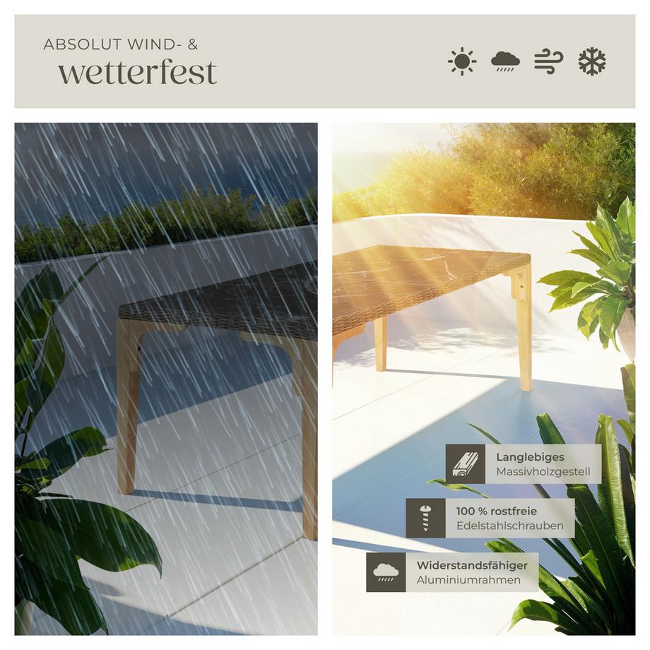 Tectake Rattan Tisch Foggia mit Aluminium- und Holzgestell 2 abnehmbare Feinsteinzeugplatten  