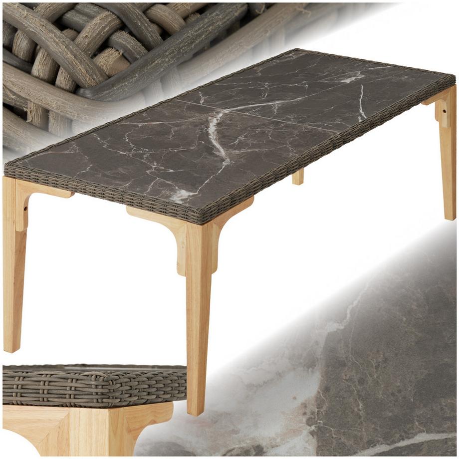 Rattan Tisch Foggia mit Aluminium- und Holzgestell 2 abnehmbare Feinsteinzeugplatten