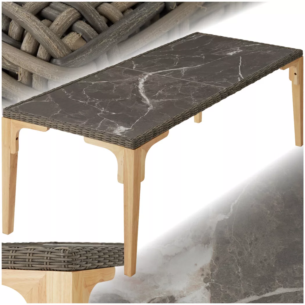 Tectake - Table en rotin avec cadre en aluminium et bois 196 x 87 x 76 cm