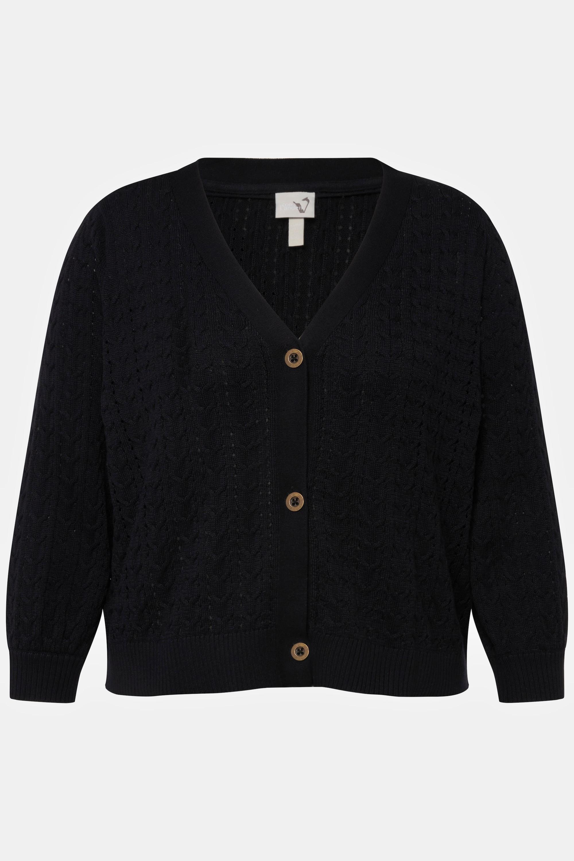 Ulla Popken  Cardigan con punto ajour, trecce, scollo a V e maniche a 3/4 