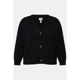 Ulla Popken  Cardigan à encolure V, motif ajouré/tressé et manches 3/4 