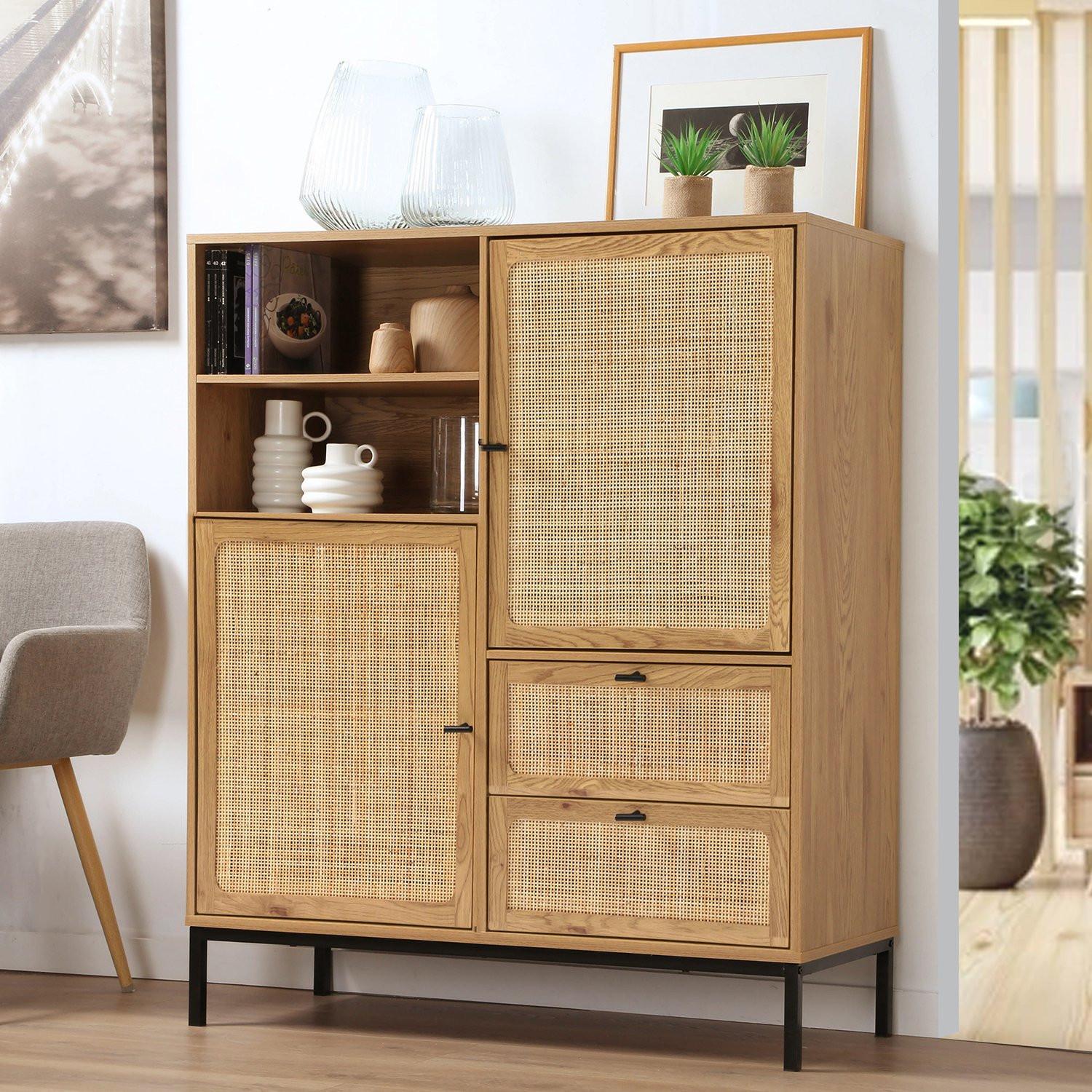 Calicosy Credenza Alta con Facciate in Rattan Naturale - L100 x H120 cm - JAYA  