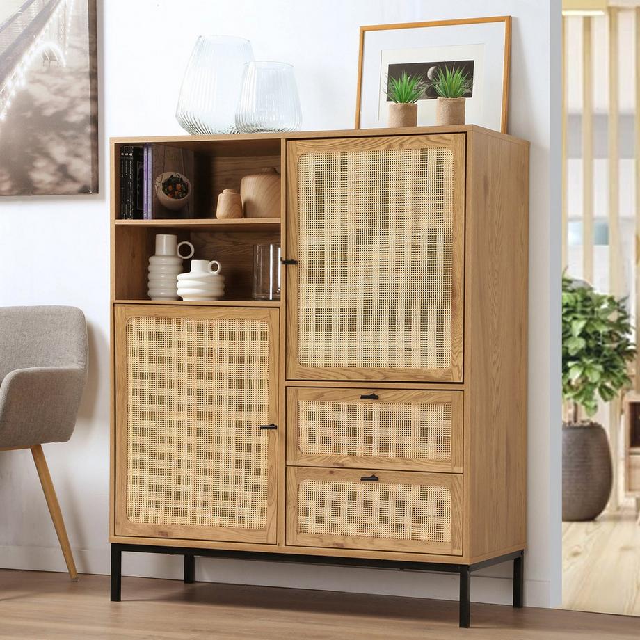 Calicosy Hohe Buffetschrank mit Rattanfronten - L100 x H120 cm - JAYA  