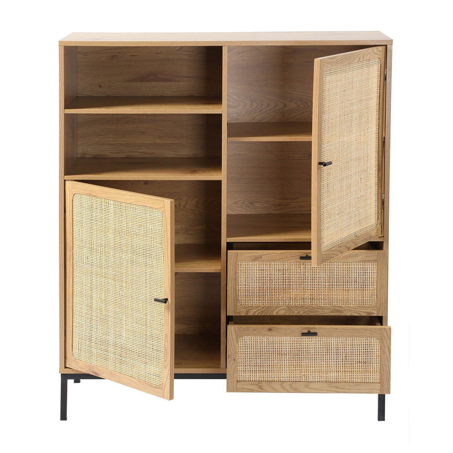 Calicosy Credenza Alta con Facciate in Rattan Naturale - L100 x H120 cm - JAYA  
