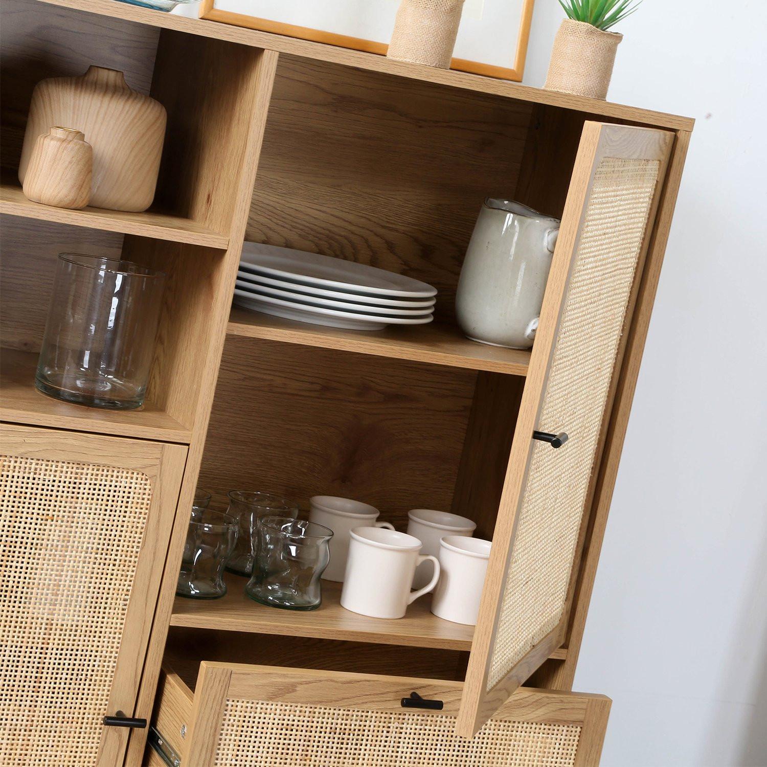 Calicosy Credenza Alta con Facciate in Rattan Naturale - L100 x H120 cm - JAYA  