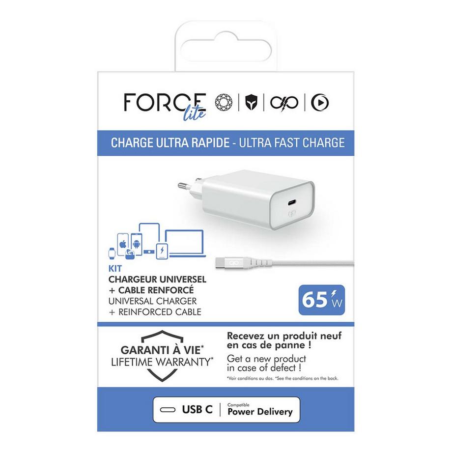 Force Power  Netzteil 65W Power Delivery GaN + Verstärktes USB-C / USB-C Kabel 