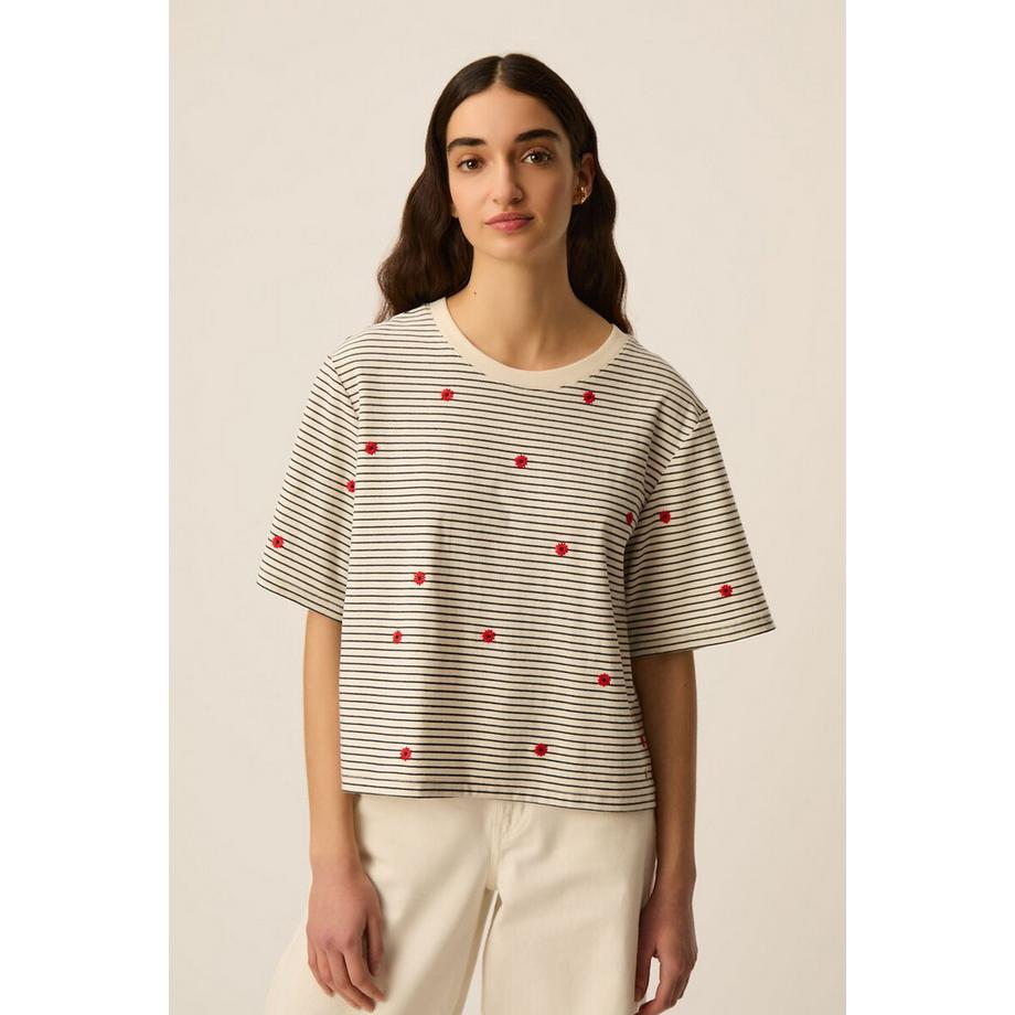 T-Shirt rayé et brodé manches courtes