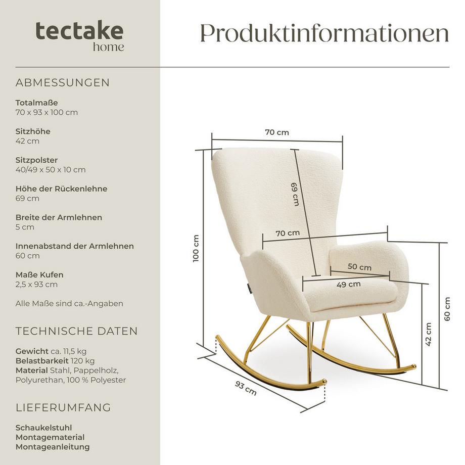 Tectake Schaukelstuhl   Swing dicke Polsterung, mit Bouclé-Bezug große Rückenlehne, abnehmbares Sitzpolster  