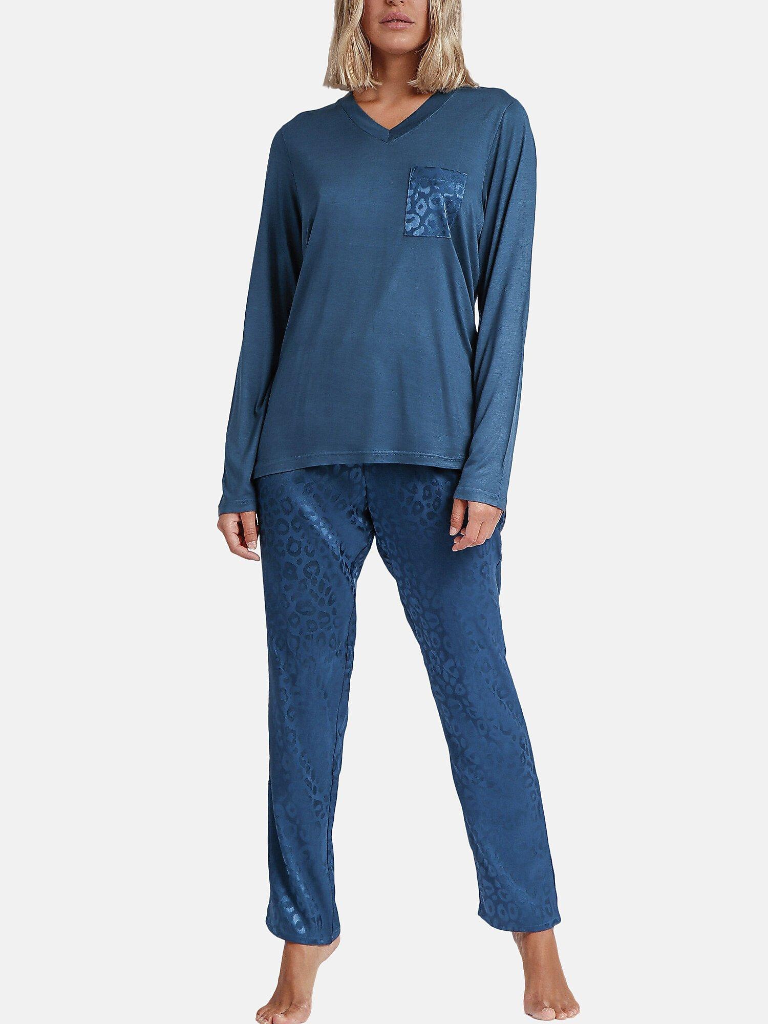 Image of Pyjama Hausanzug Hose Top Langarm Satin Leopard Unisex Blau XXL