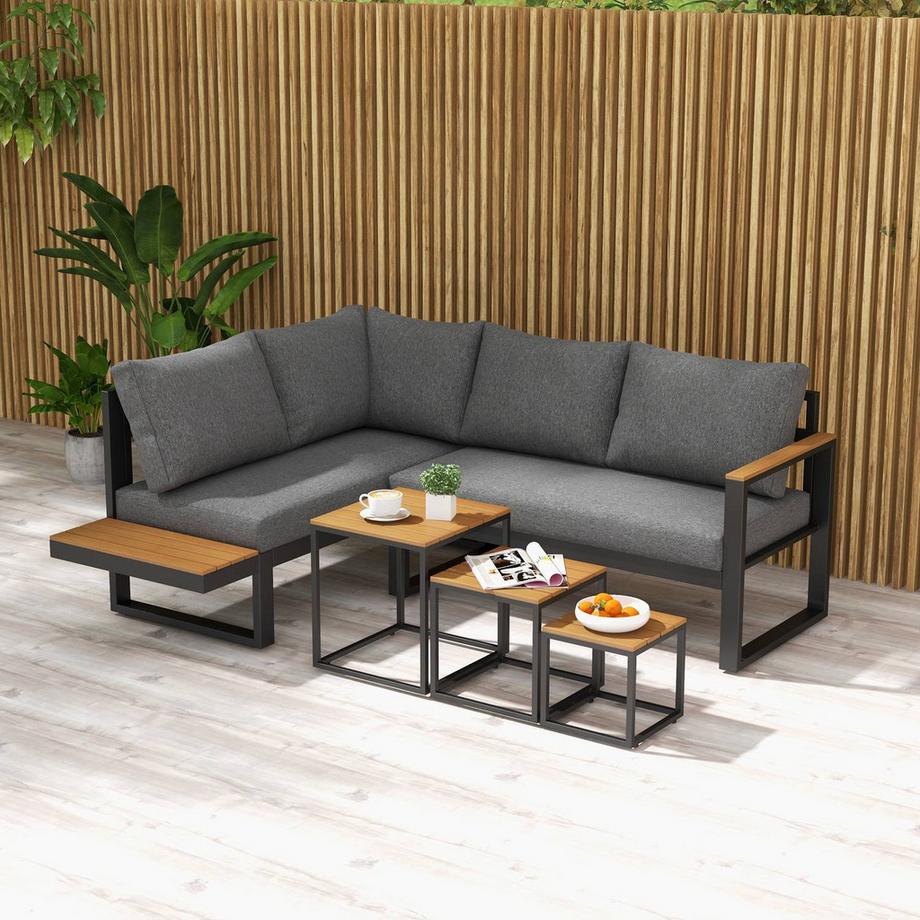Northio 5-tlg Gartenmöbel Set Gartengarnitur mit Ecksofa & Doppelsofa Couchtisch Balkonmöbel Set mit Sitzkissen Gartenlounge Set Grau  