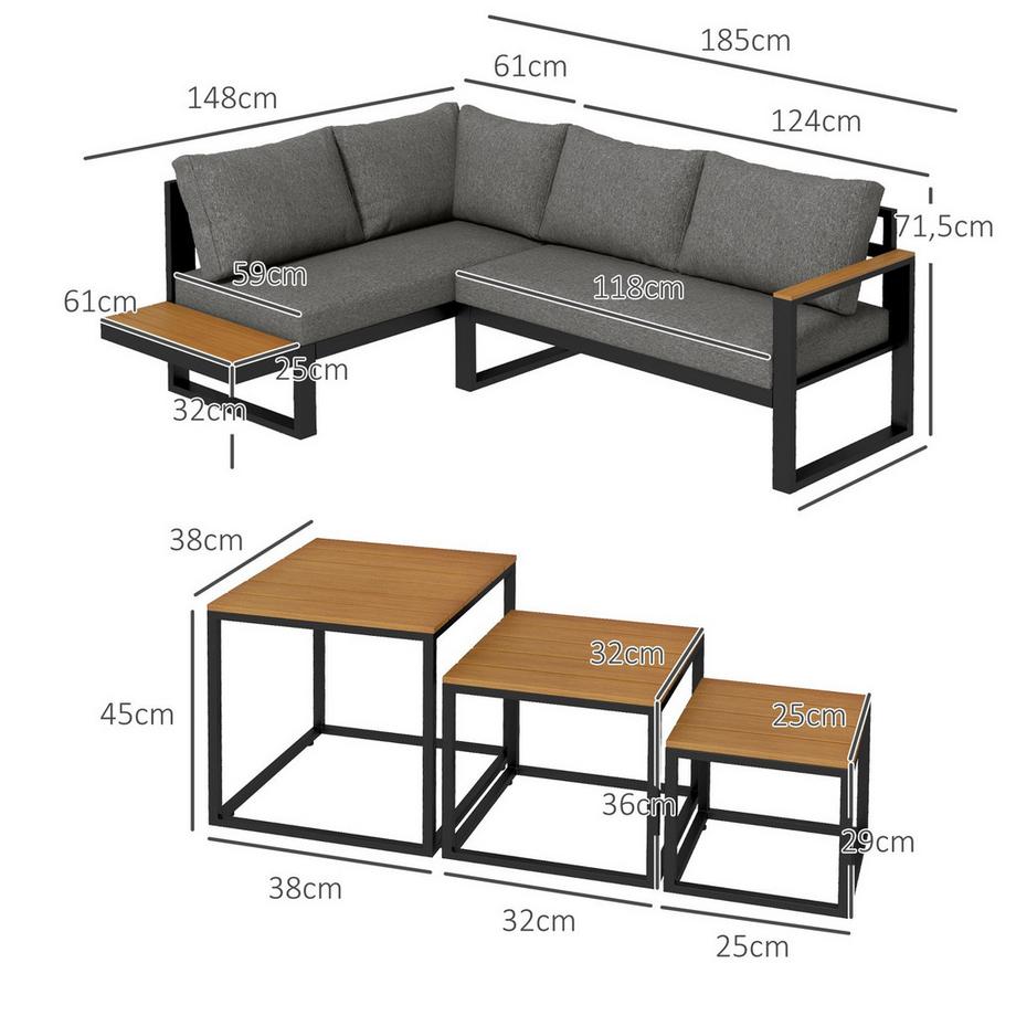 Northio 5-tlg Gartenmöbel Set Gartengarnitur mit Ecksofa & Doppelsofa Couchtisch Balkonmöbel Set mit Sitzkissen Gartenlounge Set Grau  
