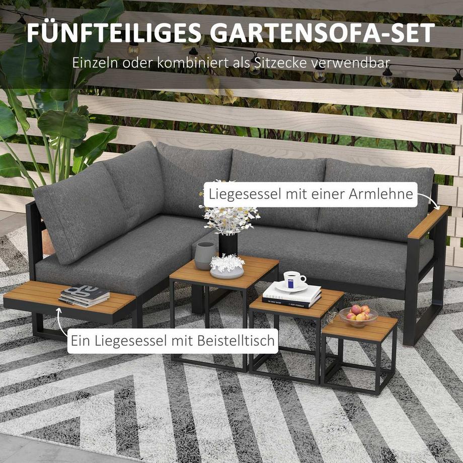 Northio 5-tlg Gartenmöbel Set Gartengarnitur mit Ecksofa & Doppelsofa Couchtisch Balkonmöbel Set mit Sitzkissen Gartenlounge Set Grau  