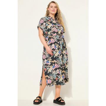 Maxikleid, oversized, Tropical-Print, Hemdkragen, Halbarm