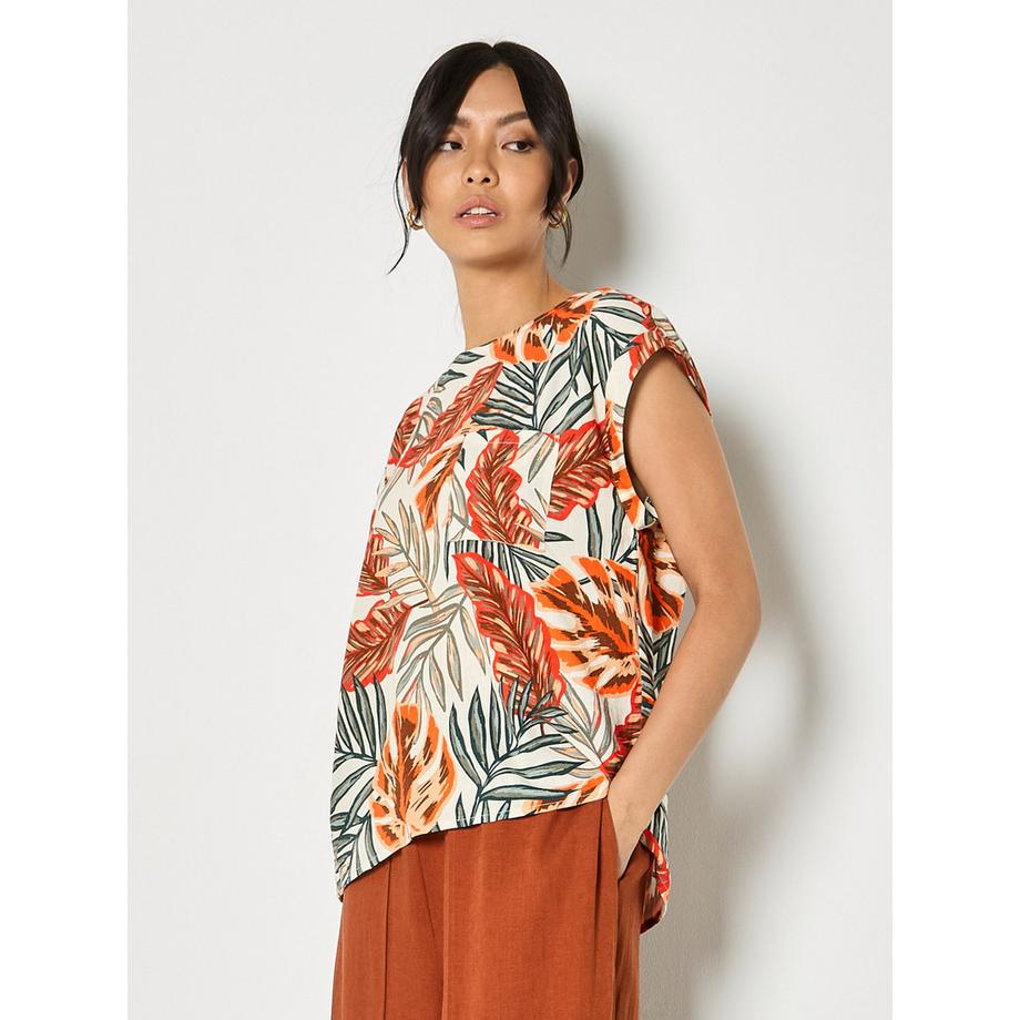 APRICOT T-shirt tissé à motifs de feuilles tropicales  