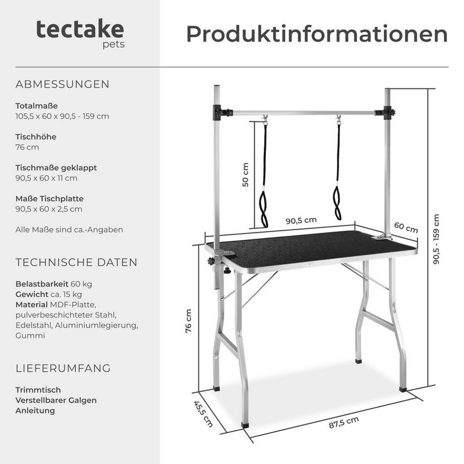 Tectake  Trimmtisch  mit höhenverstellbarem Galgen und 2 Schlingen klappbar 