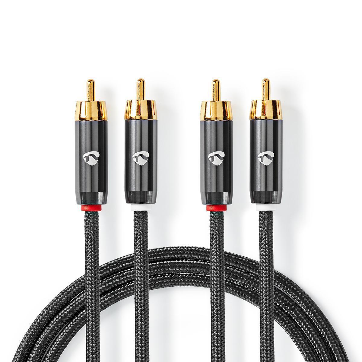 Image of Stereo-Audiokabel | 2x RCA-Stecker | 2x RCA-Stecker | Vergoldet | 5,00 m | Rund | Grau / Grau mit Metall | Karton mit Sichtfenster
