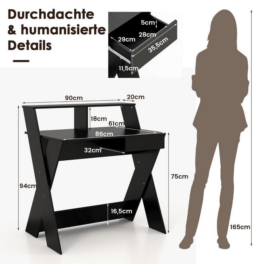 B2X Bureau d'ordinateur en forme de X avec tiroir et support pour moniteur  