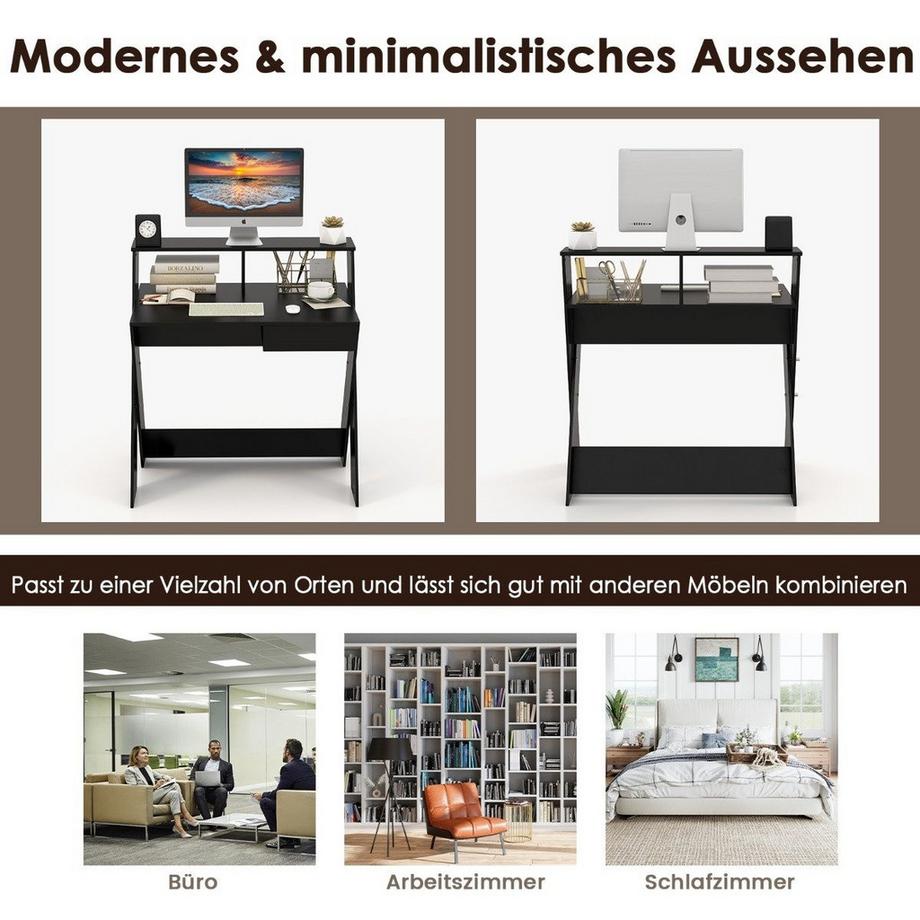 B2X Bureau d'ordinateur en forme de X avec tiroir et support pour moniteur  