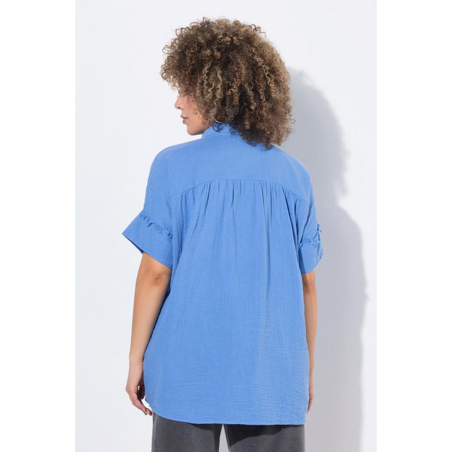 Ulla Popken Musselin Oversized Fransen Halbarm Bluse mit Hemdkragen  