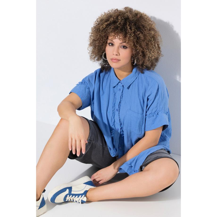 Ulla Popken Musselin Oversized Fransen Halbarm Bluse mit Hemdkragen  