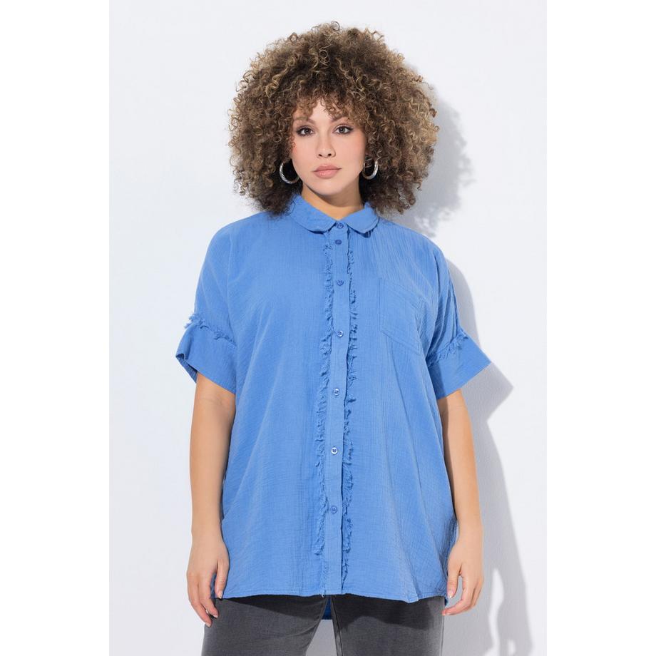 Ulla Popken Musselin Oversized Fransen Halbarm Bluse mit Hemdkragen  