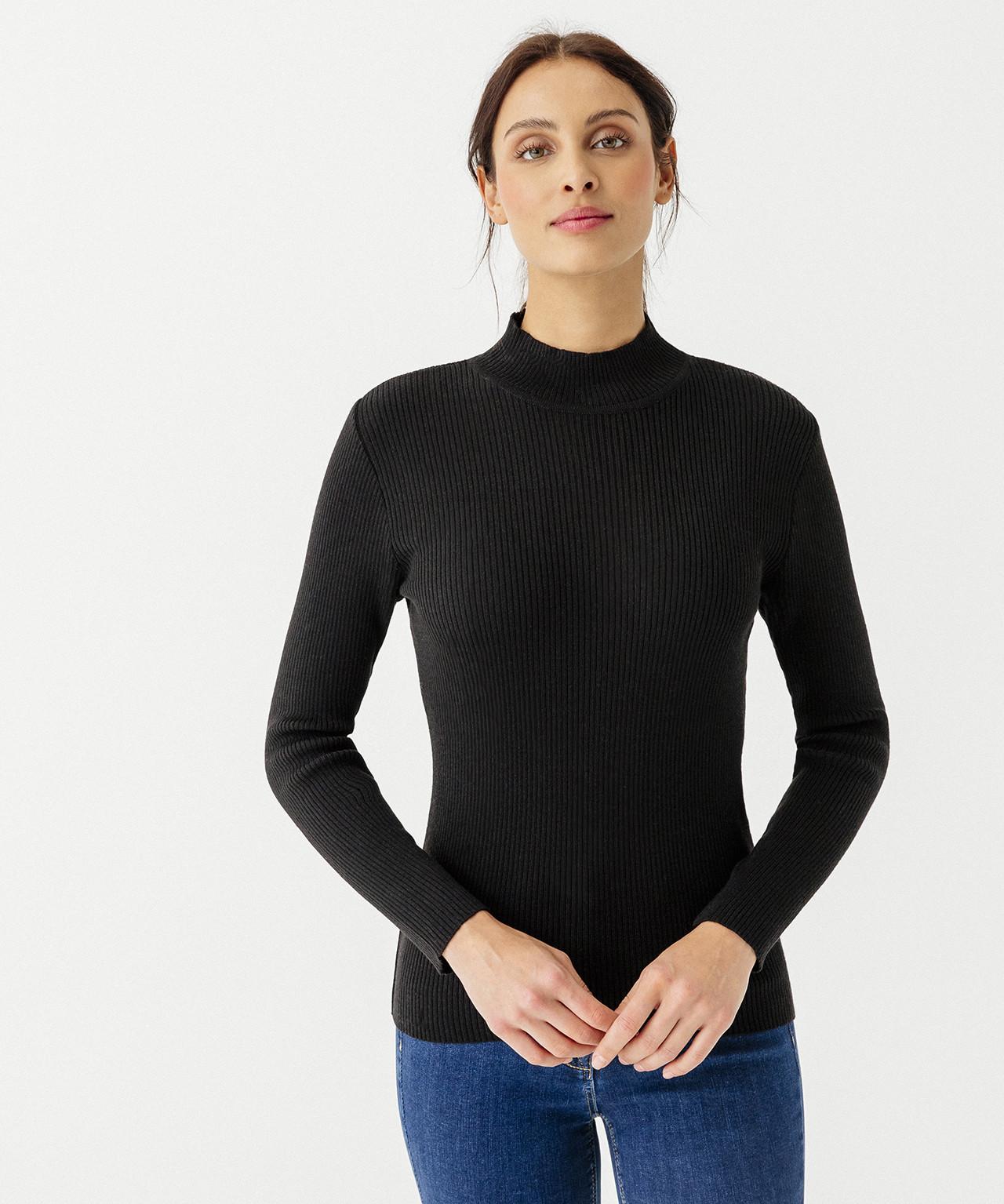 Image of Rippstrickpullover Stehkragen Uni Und Gestreift, 50 % Merino-wolle. Damen Schwarz 54/56