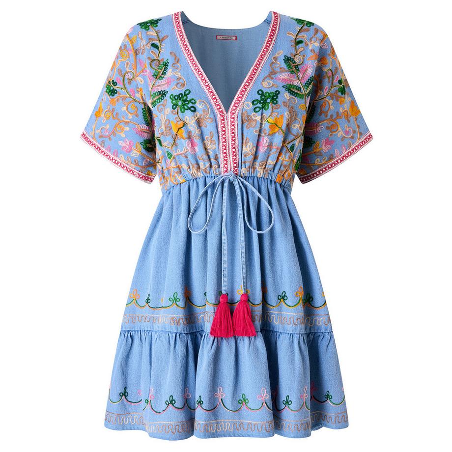 Joe Browns Abito Tunica in Denim con Ricamo e Maniche Svasate  