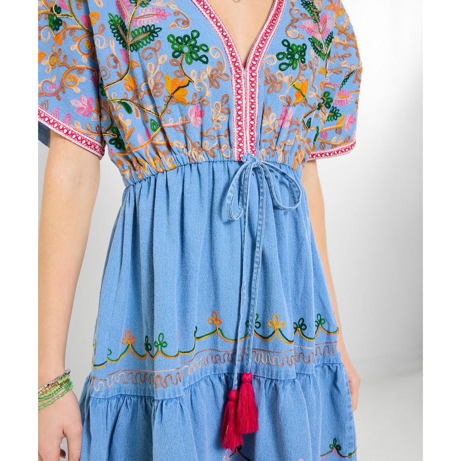 Joe Browns Abito Tunica in Denim con Ricamo e Maniche Svasate  