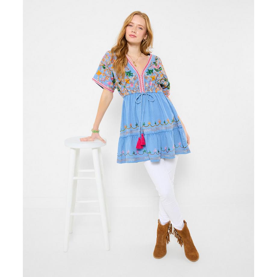 Joe Browns Abito Tunica in Denim con Ricamo e Maniche Svasate  