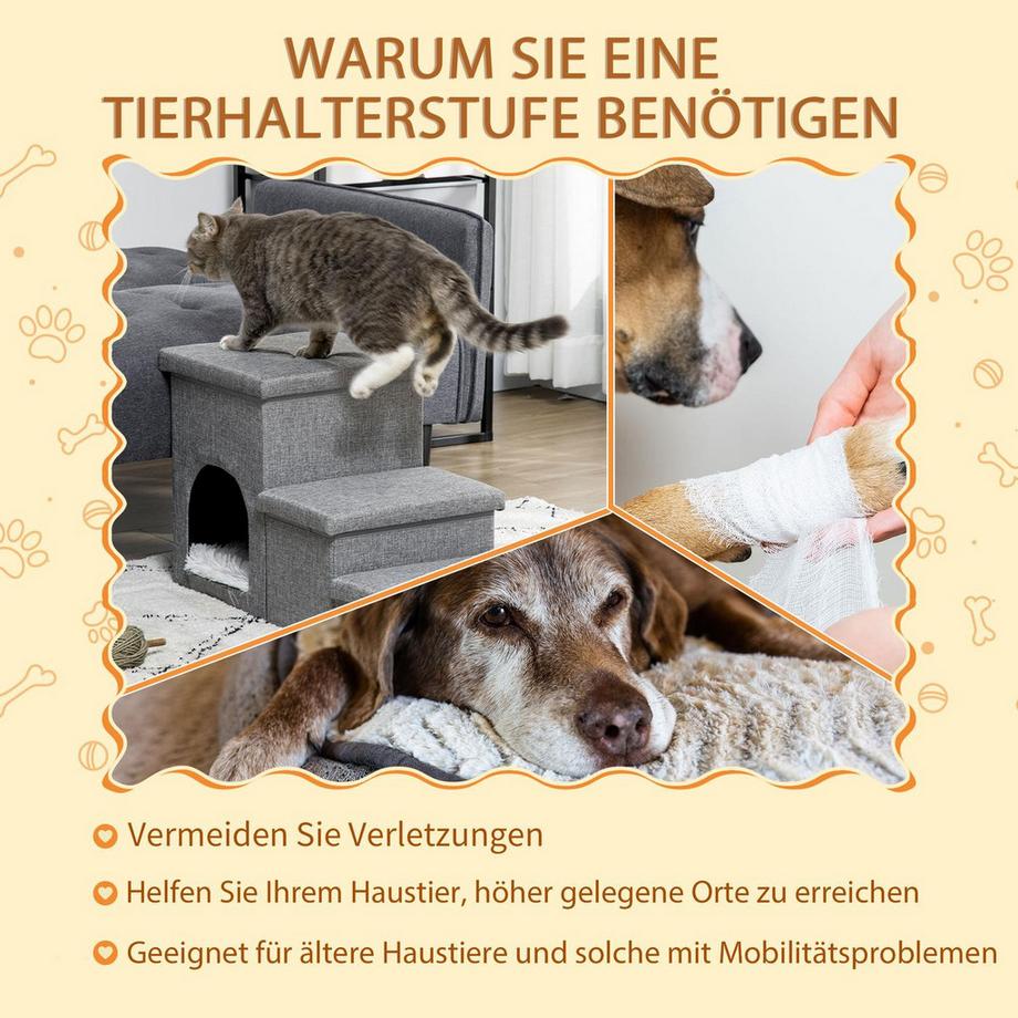 Northio  Escalier Pour Chien, 3 Marches, Avec Grotte, Espace De Rangement, Coussin, Rampe 3 En 1 Pour Animaux De Compagnie, Jusqu'À 10 Kg, Gris Clair 