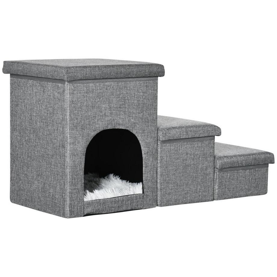 Northio  Escalier Pour Chien, 3 Marches, Avec Grotte, Espace De Rangement, Coussin, Rampe 3 En 1 Pour Animaux De Compagnie, Jusqu'À 10 Kg, Gris Clair 