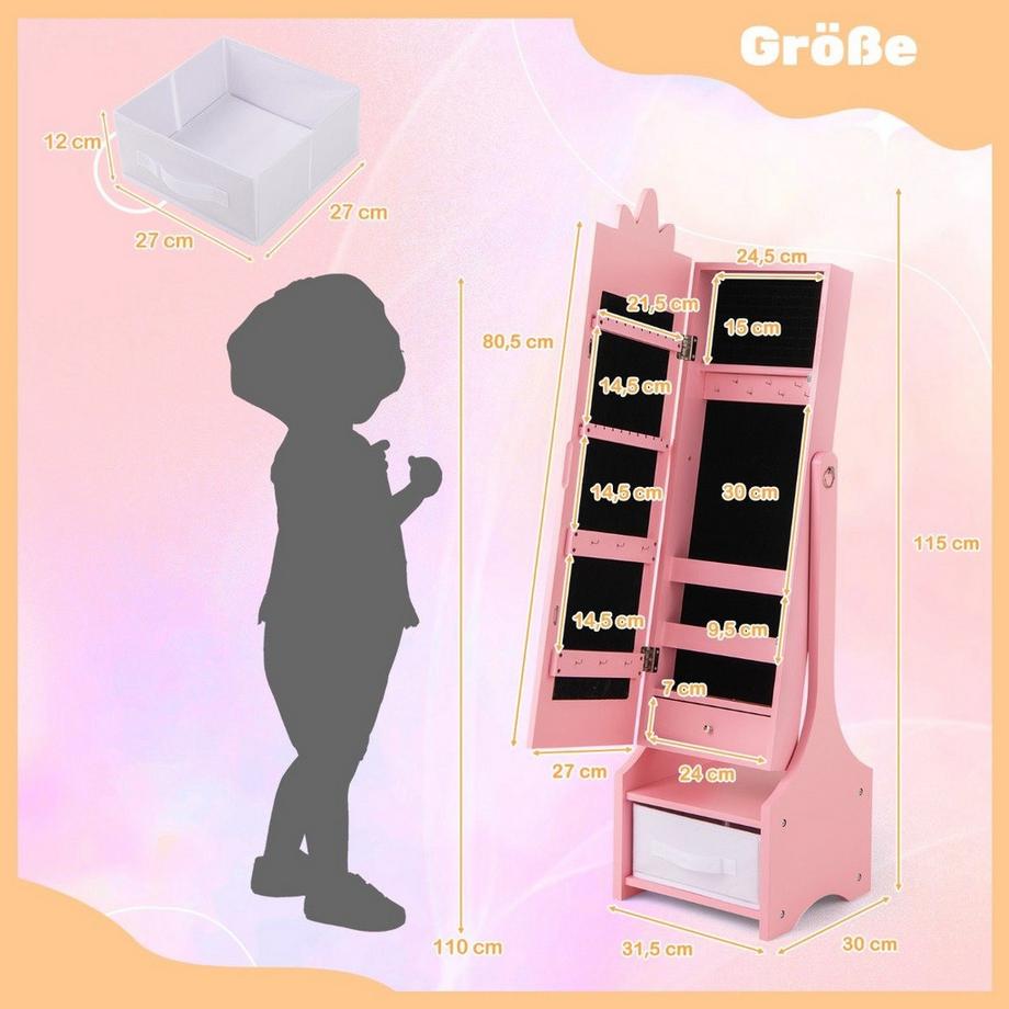 Northix Armoire à bijoux pour enfants 2 en 1 avec miroir pleine longueur et amplificateur. Armoire à miroir à tiroirs, miroir de maquillage rose  