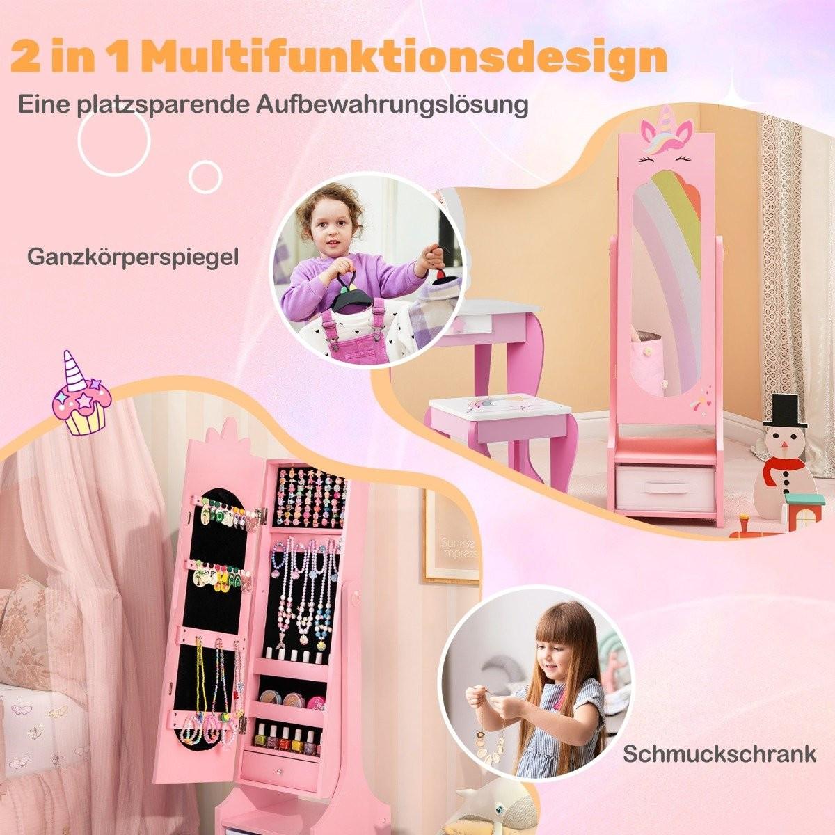 Northix 2 in 1 Kinder Schmuckschrank mit Ganzkörperspiegel & Schublade Spiegelschrank Schminkspiegel Rosa  