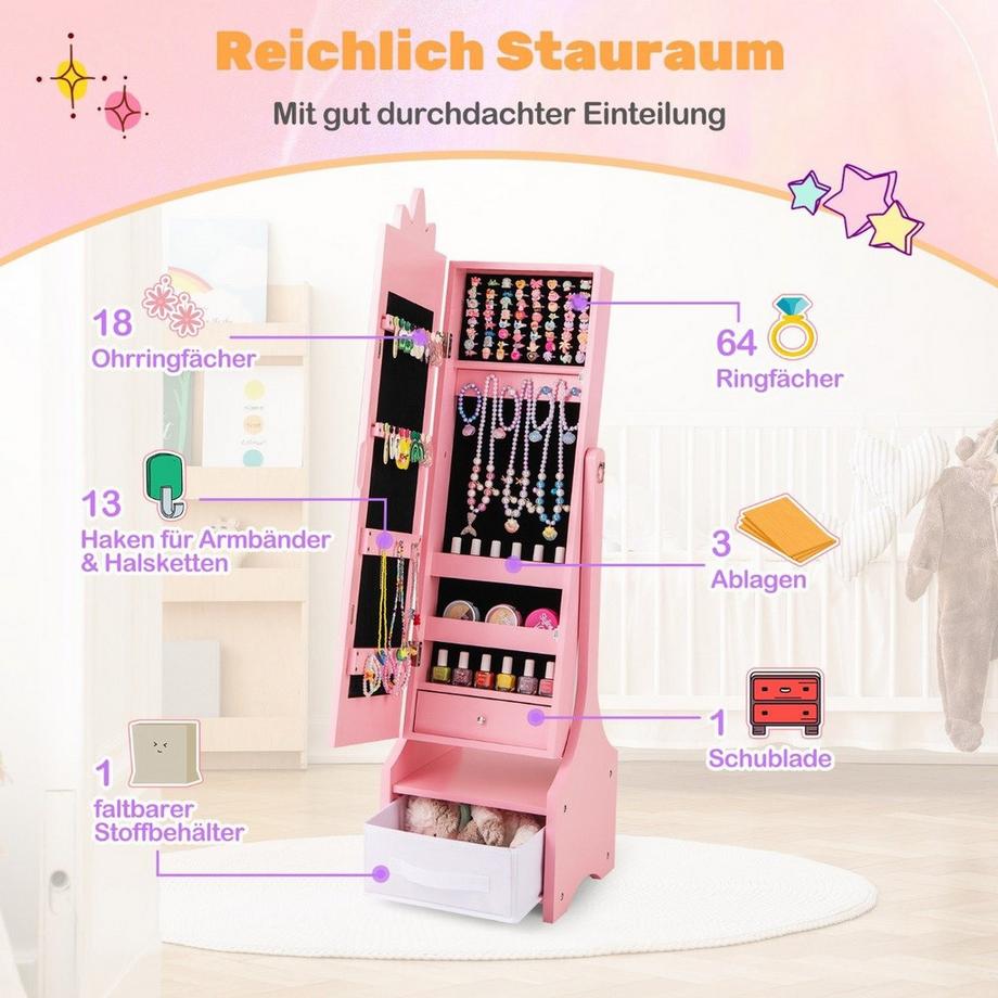 Northix Armoire à bijoux pour enfants 2 en 1 avec miroir pleine longueur et amplificateur. Armoire à miroir à tiroirs, miroir de maquillage rose  