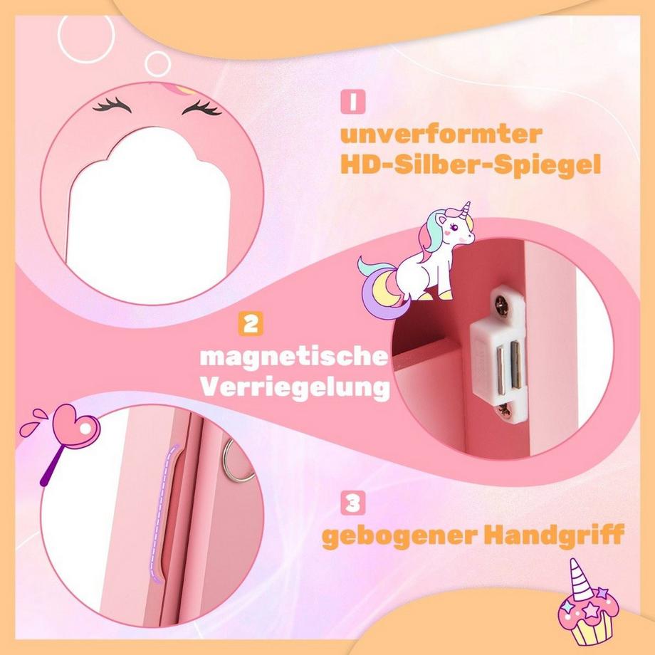 Northix Armoire à bijoux pour enfants 2 en 1 avec miroir pleine longueur et amplificateur. Armoire à miroir à tiroirs, miroir de maquillage rose  