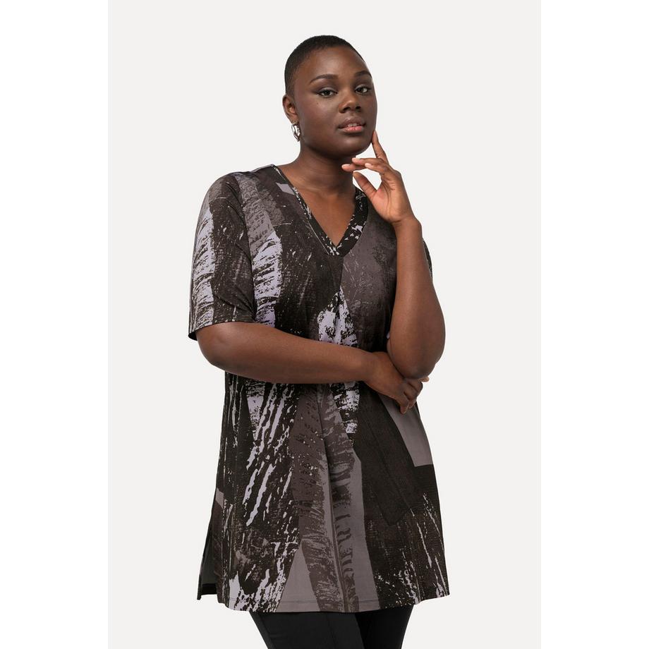 Ulla Popken Slinkyshirt A-Linie Zierfalte V-Ausschnitt Halbarm  