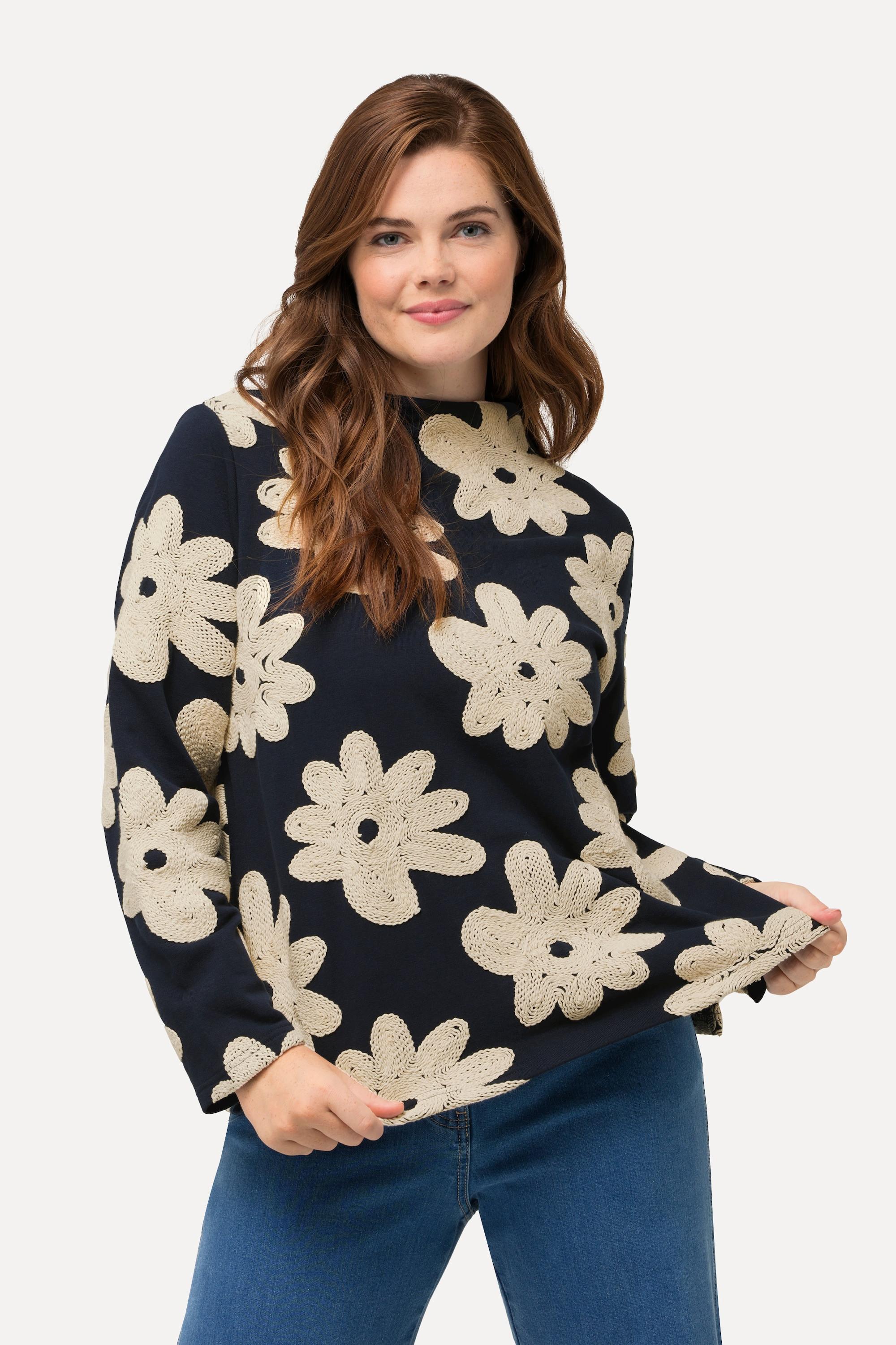 Ulla Popken  Sweat, broderie, col montant, manches longues, coton bio 