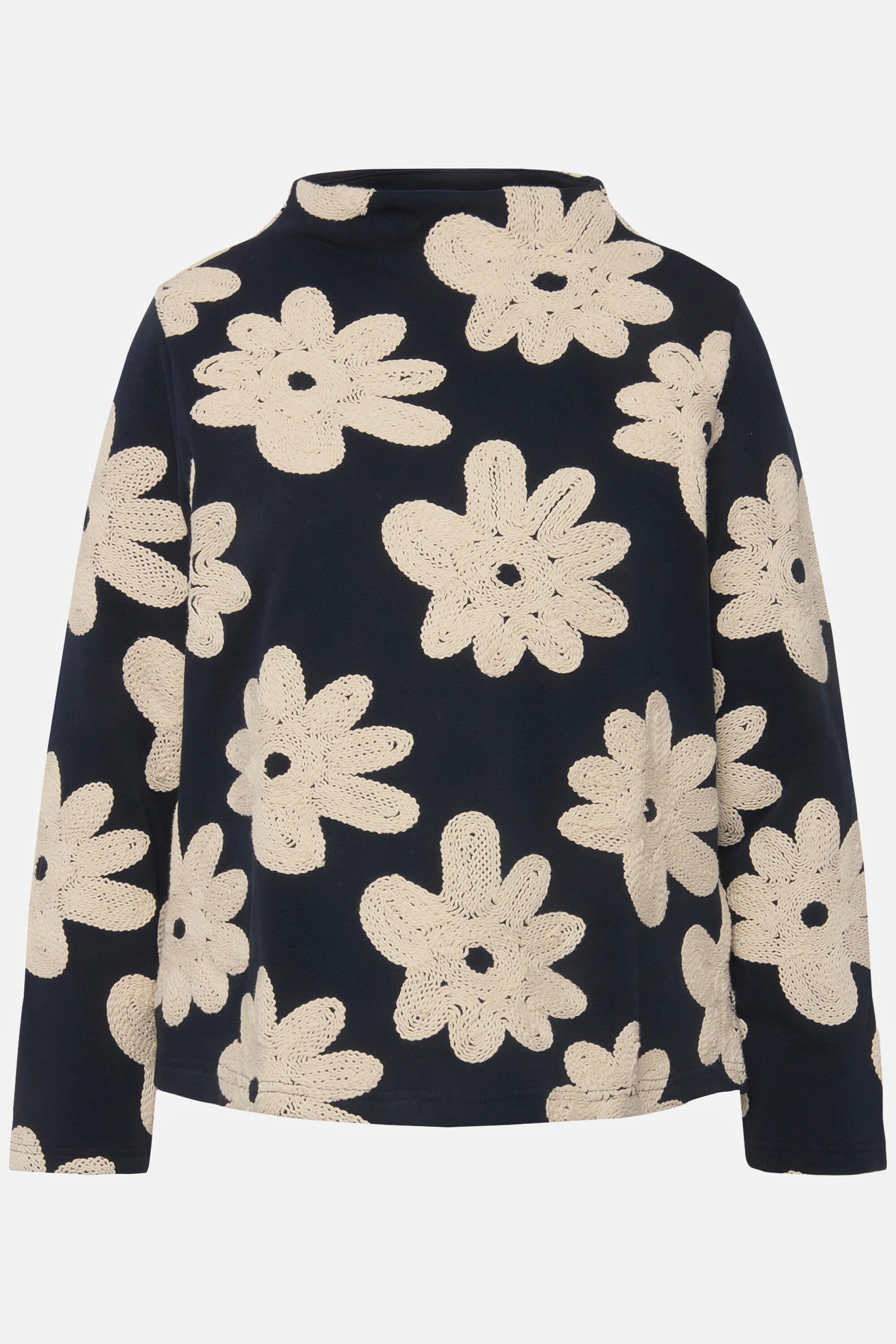 Ulla Popken  Sweat, broderie, col montant, manches longues, coton bio 