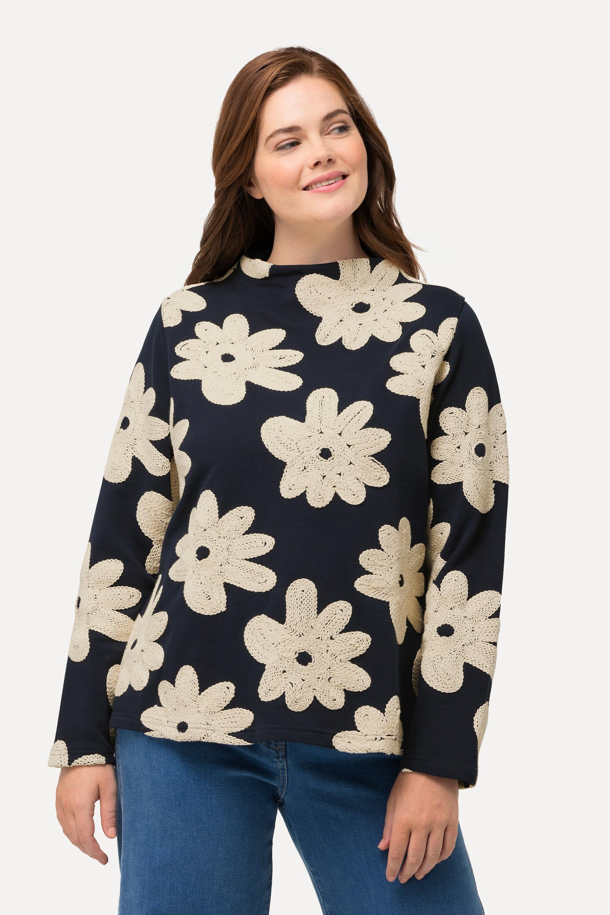 Ulla Popken  Sweat, broderie, col montant, manches longues, coton bio 